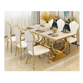 Dining Table 4 6 Seater Large Long Space Saving Marble Top Stainless Steel Frame Modern Dining Table