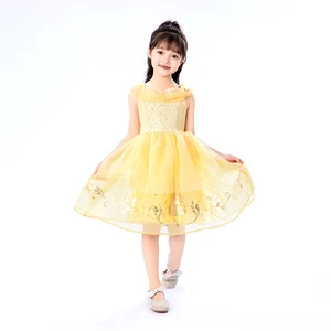 Golden Embroidery Flared Skirt Airy Texture Disney Princess Christmas Customized Color Girls Yellow Gown for Party Celebrations