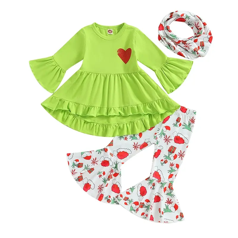 3pcs Christmas Baby Girls Boutique Clothes Set Grinch High Low Top Dress  Bell Bottom Neckerchief Children Kids Christmas Outfits