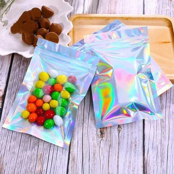 Moq 100pcs Wholesale Printed Holographic Foil Ziplock Packaging plastic Mylar Bags For Food with Zipper Free samples