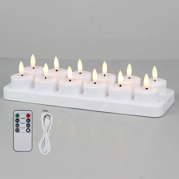 Set of 12 Custom LED Votive Plastic Timer USB Rechargeable LED Tea Light Electric Candle with Remote Control