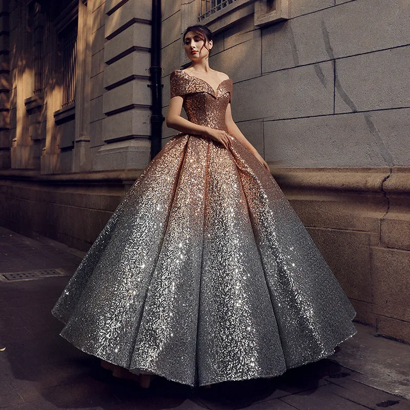 2020 Fashion Off Shoulder Gradient Color Sequined Ball Gown Evening Dresses+petticoat 2020 Fashion Off Shoulder Gradient Color Sequined Ball Gown Evening Dresses+petticoat