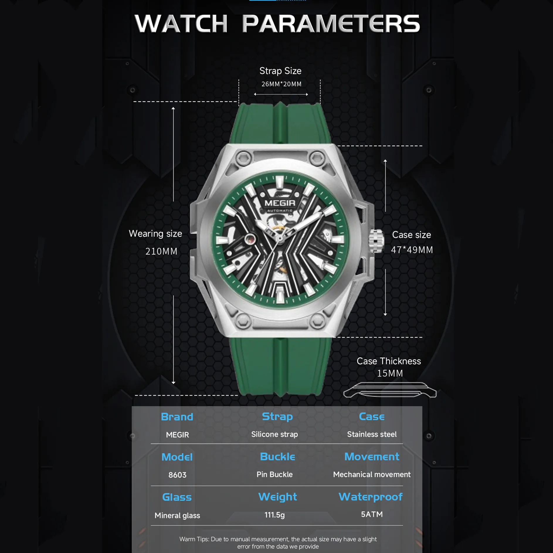 MEGIR 8603 Automatic Movement Watches for Men Luxury Hollow Out Waterproof Night Glow Sports Wristwatch Clock Mechanical Watch