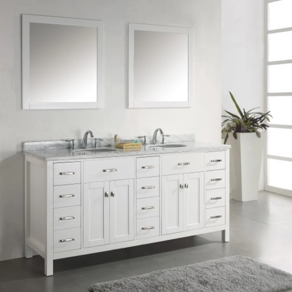 European Luxury White Marble Countertop Double Sinks Furniture Transitional Large Storage Bathroom Cabinet Wholesale