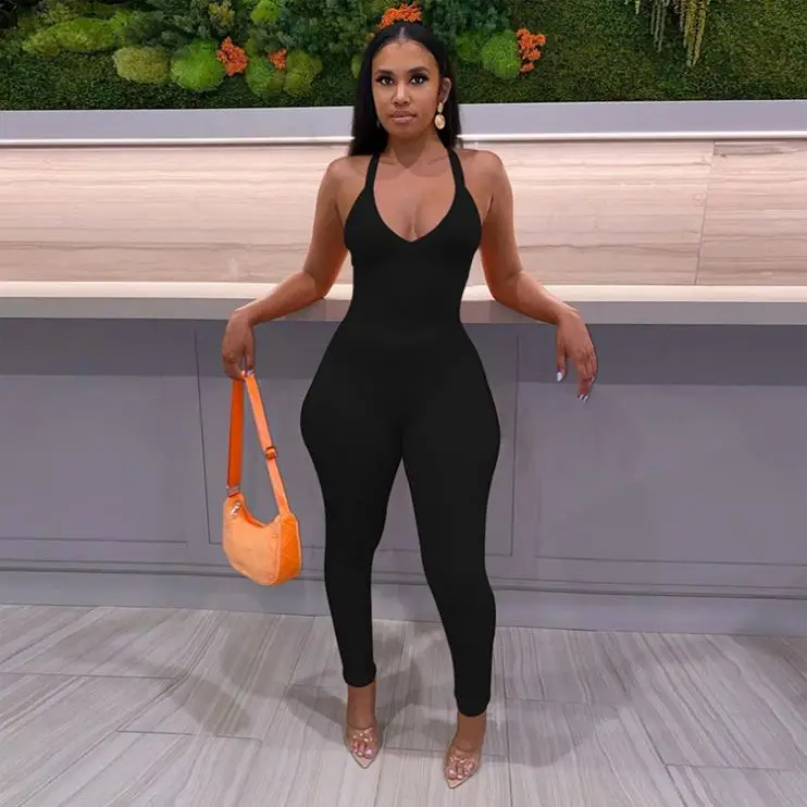 Best Price Summer 2021 Solid Color Backless Ladies Fitness Jumpsuit Women One Piece Short Jumpsuits and Rompers