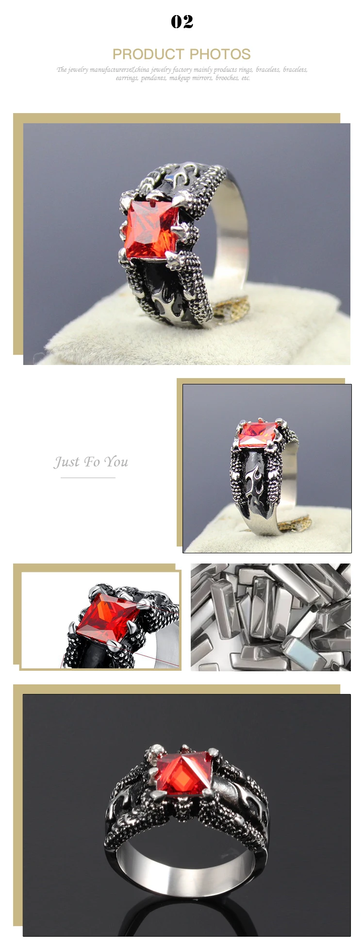 Chinese Manufacturer Wholesale Retro Hip-Hop Style Dragon Claw Design With Red Stone Men's Ring RC-022