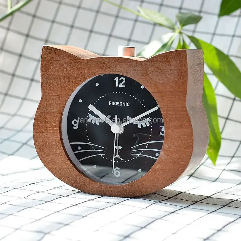 Led Digital Alarm Clock, Animal Cat Shape Lovely Cute Movement Wood Wooden Desktop Table Alarm Clocks for Kids Gifts Light