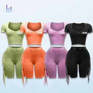 Huili Manufacturer Oem 2025 Two Piece Vintage Washed Crop Top t Shirt & Shorts Summer Set Loungewear Women's Sets Custom logo
