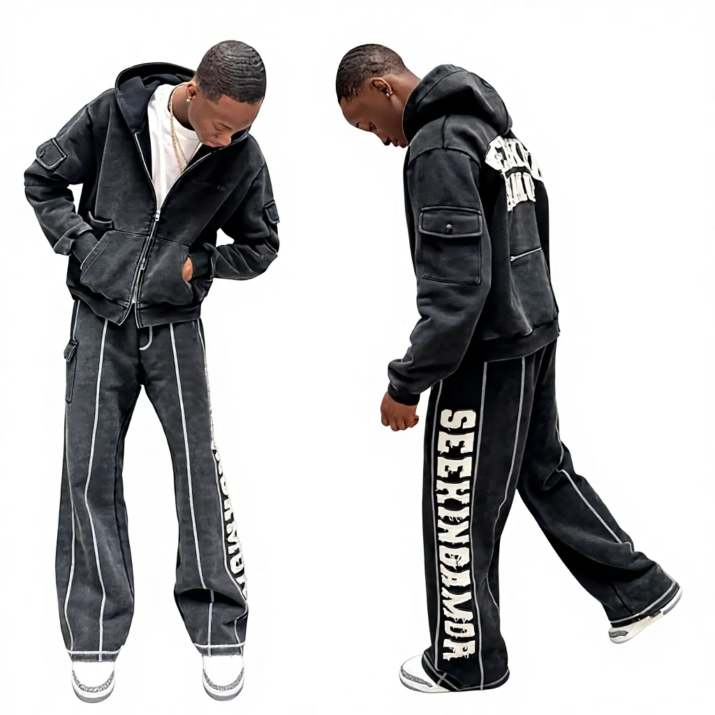 Sweatsuits 2pcs Jogging Suits Zip up Applique Embroidery Cotton Acid Wash Tracksuit Cargo Flare Sweatpants and Hoodie Jogger Set