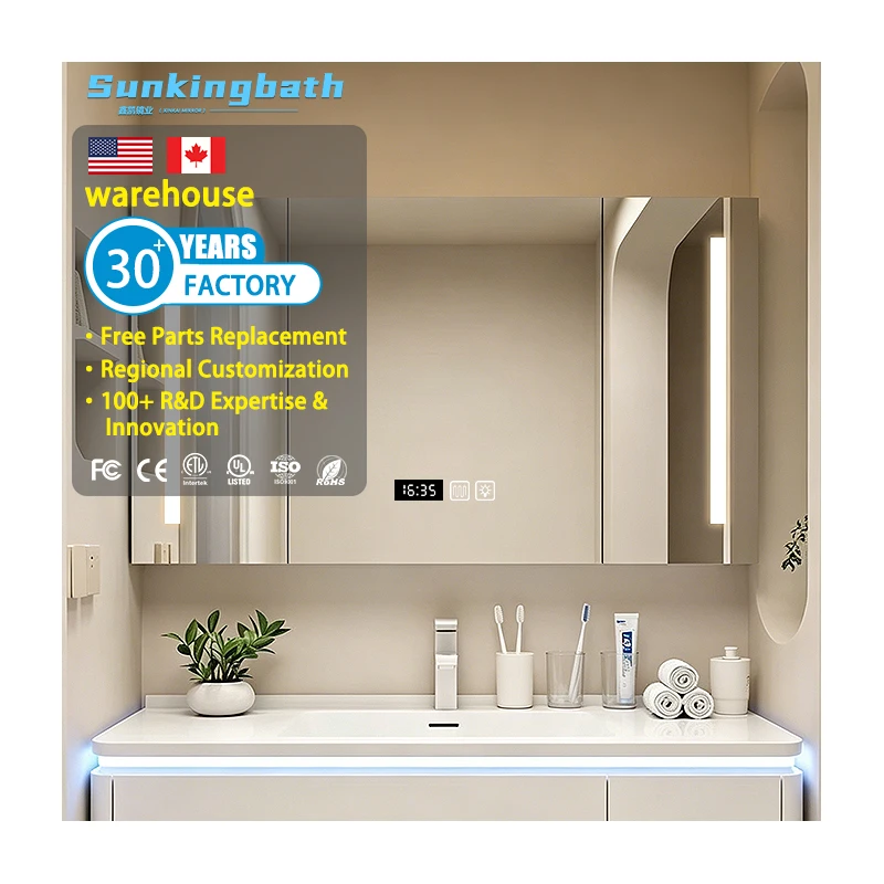 New Custom Aluminum European-style Wall-mounted Waterproof Bathroom Vanity with LED Light Strip Mirror Cabinet