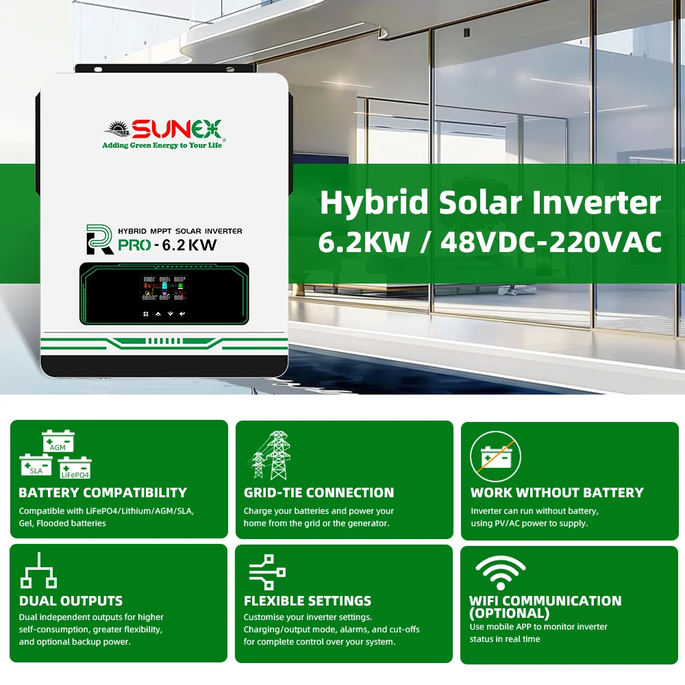 SUNEX 6.2kVA Hybrid Inverter - Efficient DC to AC Solar Inverter
