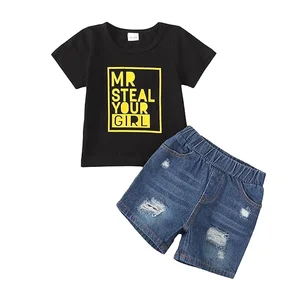 OEM Customizable Boy's Summer Short Sleeve Letters Printed Shirt & Denim Shorts Sets for Little Kids