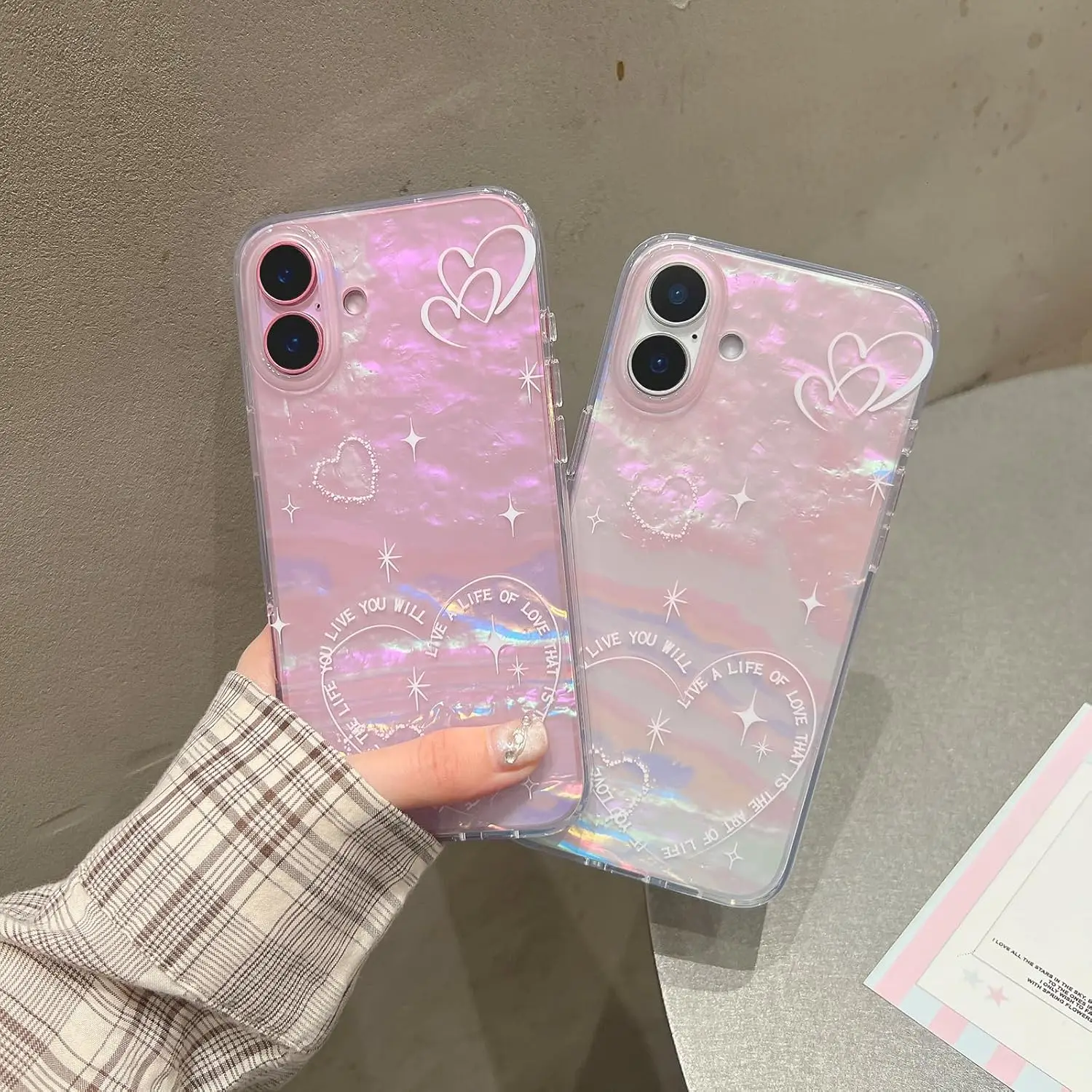 Cute Case for iPhone 16 Pro Plus Max for Women Girls Glitter Pink Colorful Shell Cute Heart-Shaped Pattern Slim Cover Protective