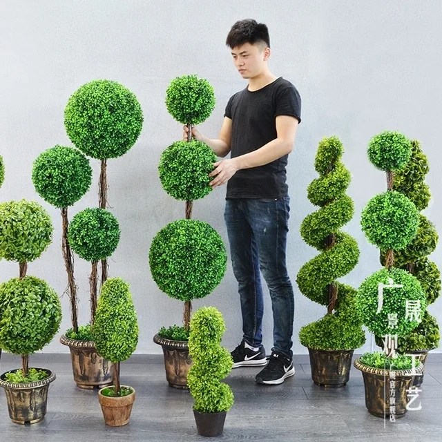 40-150cm UV-bestndiger Knstlicher Buchsbaum Dreifach-Kugel-Kranz und  Spiralgras-Pflanze Topiary Bonsai-Baum