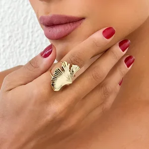 Ilona Trendy Leaf Triangle Design Stainless Steel Fashion Ring Gold Plated 18k Opening Adjustable Women Ring