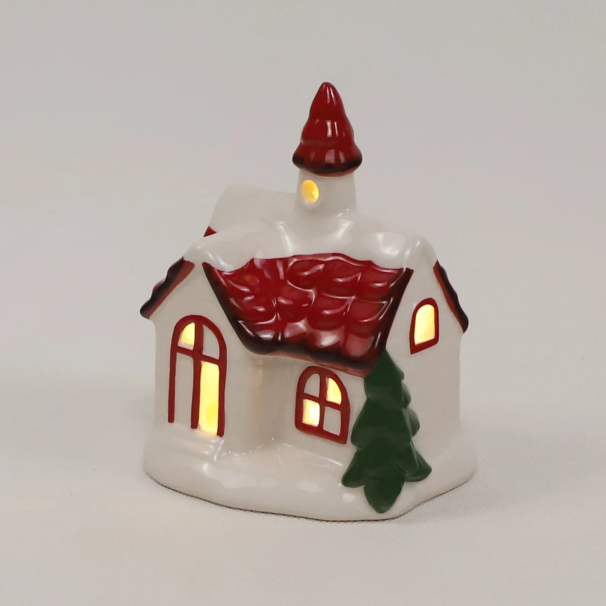 Holiday light up festive decor hand painted Rustic Red & White Ceramic House LED Decoration wholesale