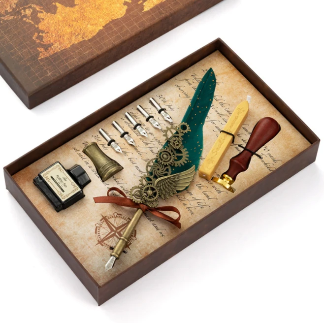 Feather Dip Pen Calligraphy Set – Antique Quill Pen With 5 Nibs & Ink Bottle Base
