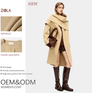 Women's Long Pure Wool Coat for Winter Handmade New Design with Scarf Collar and Pockets Open Front Closure