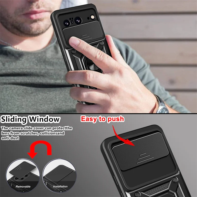 Military Grade Slide Cover Camera Protection Armor Case for Google Pixel 8 Pixel 9 Pro 8A 7A 7 Ring Stand Case