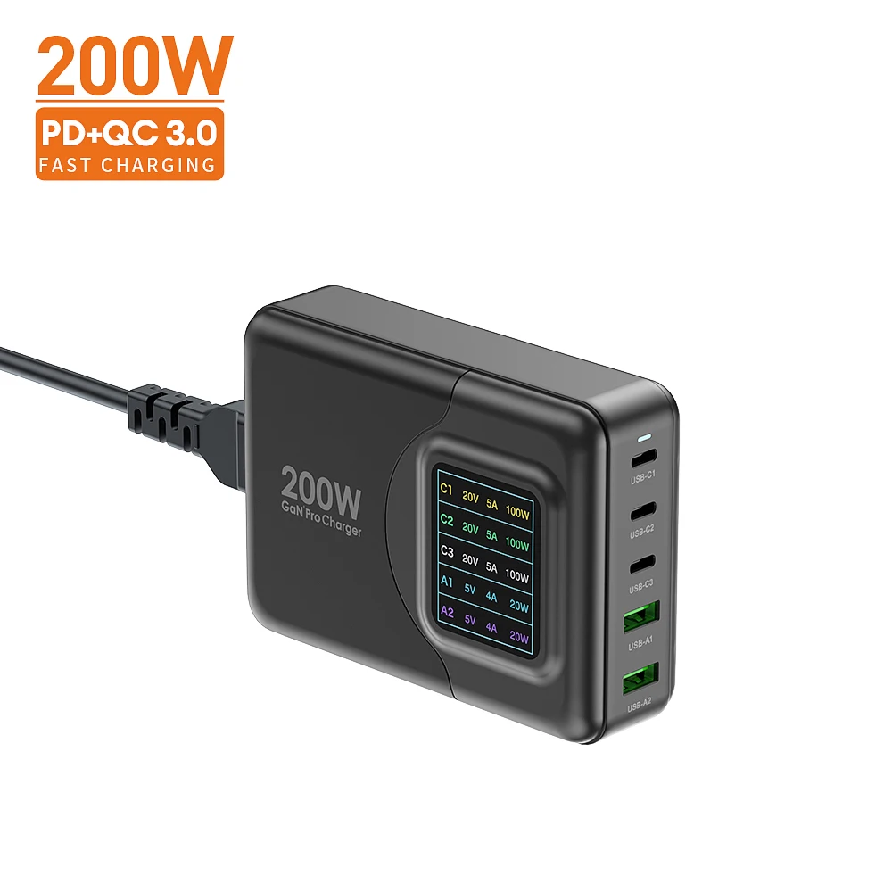 GaN Tech 200W LED Intelligent Digital Display USB Charging Station PD Fast Charger for MacBook Pro/Air for iPhone 13 12 Pro Max