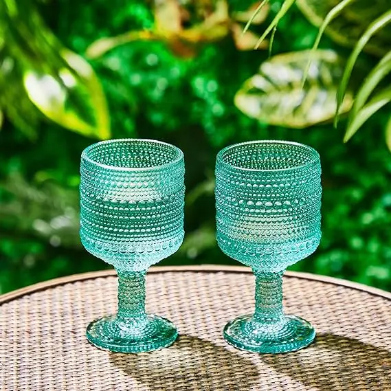 Unique Embossed Pattern High Clear Stemmed Glassware Wedding Party Bar Drinking Cups Green Golden Amber Beads Glasses Cup