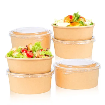 ZJPACK PLA Disposable Salad Food Container with Plastic Cover,logo Printed Kraft Salad Bowl Paper Bowl 500ml 1100ml 1500ml