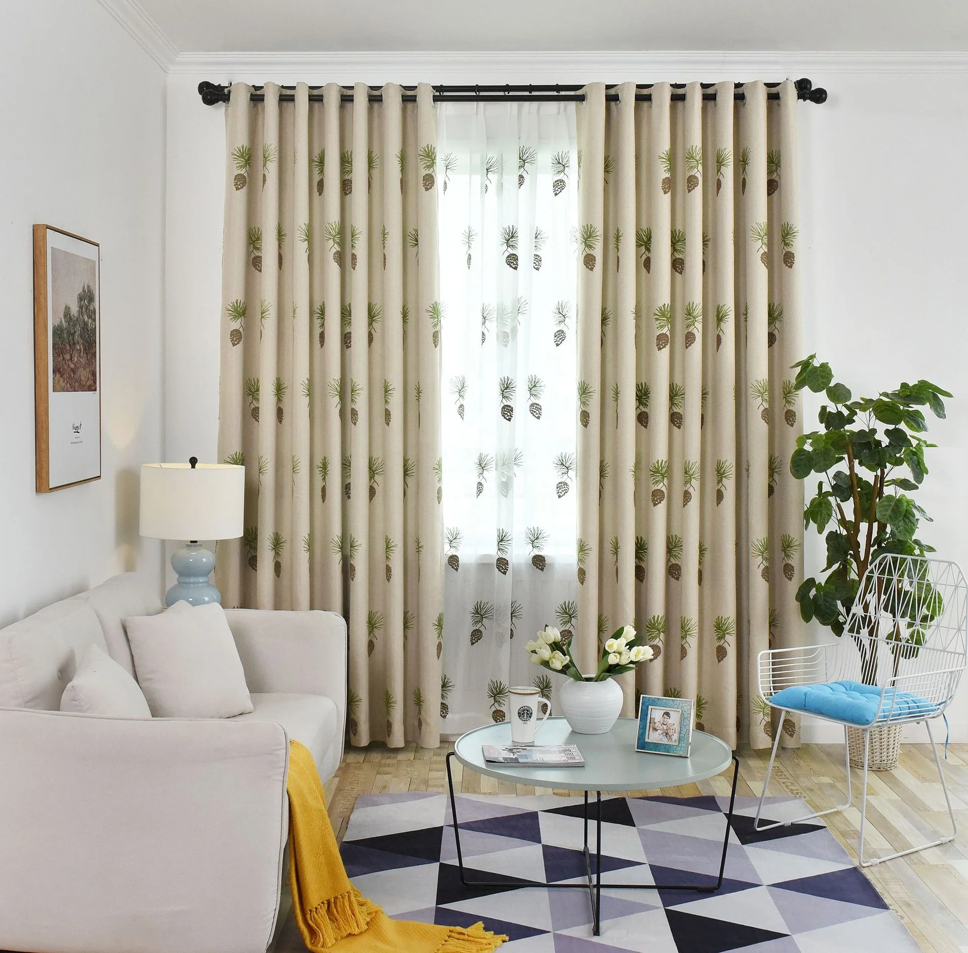 High Quality Embroidered Curtain Polyester Linen Pine Cones Embroidered Decorative Curtains for the Living Room