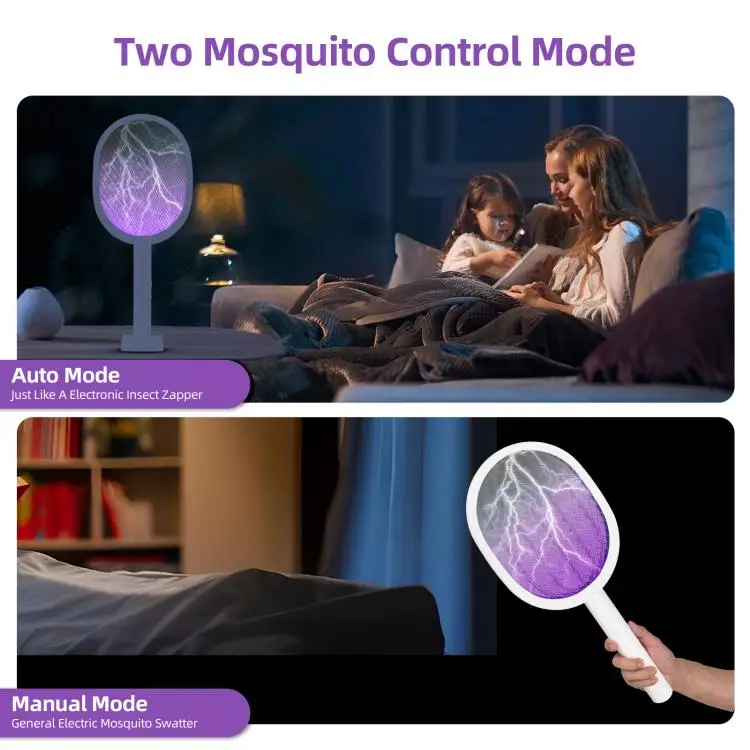 Electric Fly Swatter 3000V Smart Bug Zapper Racket with Base 3-Layer Safety Mesh Dual Modes Mosquito Killer with Purple Light Re