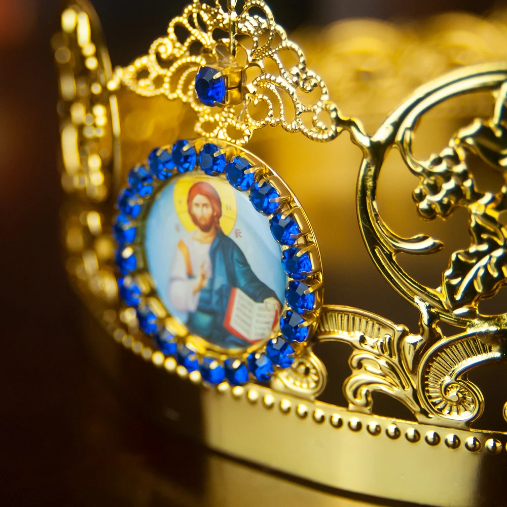 HT Church Product Orthodox Catholic Gold Plated Crown for Men Women Vintage  Wedding Crown with Cross Decor With Jesus Mary Icon, image size:1000x1000