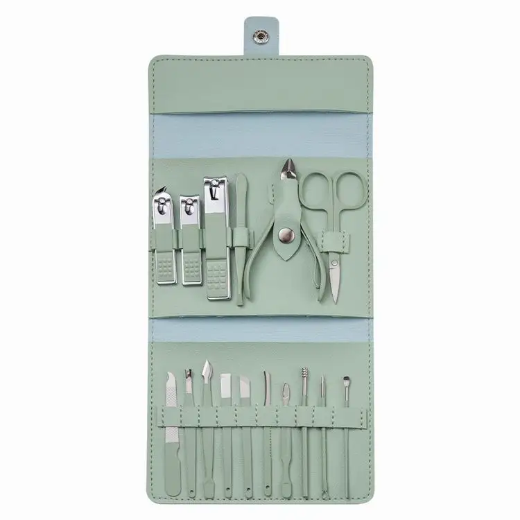 VW-MS-1251 Green PU Manicure Set Kit Private Label 16 in 1 manicure set Pedicure Cutter Kit Stainless Steel Nail Clipper Set