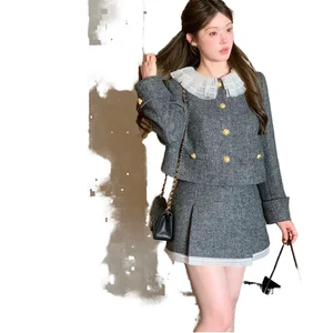 Customize Contrasting Mesh Single Breasted Jacket Solid Short Ankle-Length Versatile A-line Skirt Fashion Two-piece Set