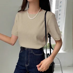 Women's Cross-Border Fashion Ice Silk Short-Sleeved T-Shirt Easy Match Casual Slim Knitted Sweater for Spring Summer