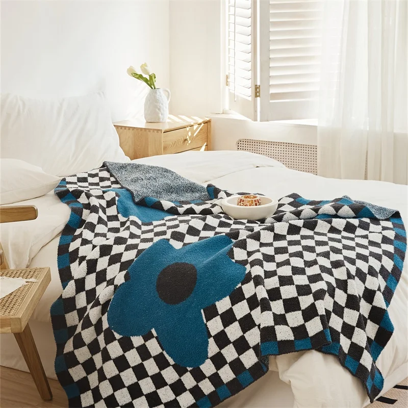 Flower wavy 100% polyester yarn  knitted checkerboard  throw blanket for home decoration  AS details