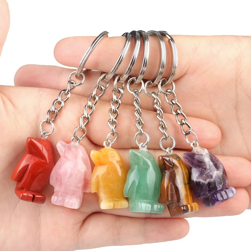 Crystal Stone Penguin Figurines Keychain Natural Gemstone Carved Animal Reiki Healing Stones Crafts Key Ring for Women Girl Gift