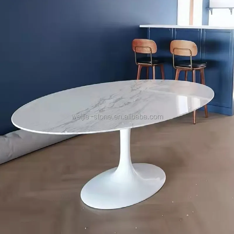 Modern Tulip Dining Table - White Steel Base & Marble