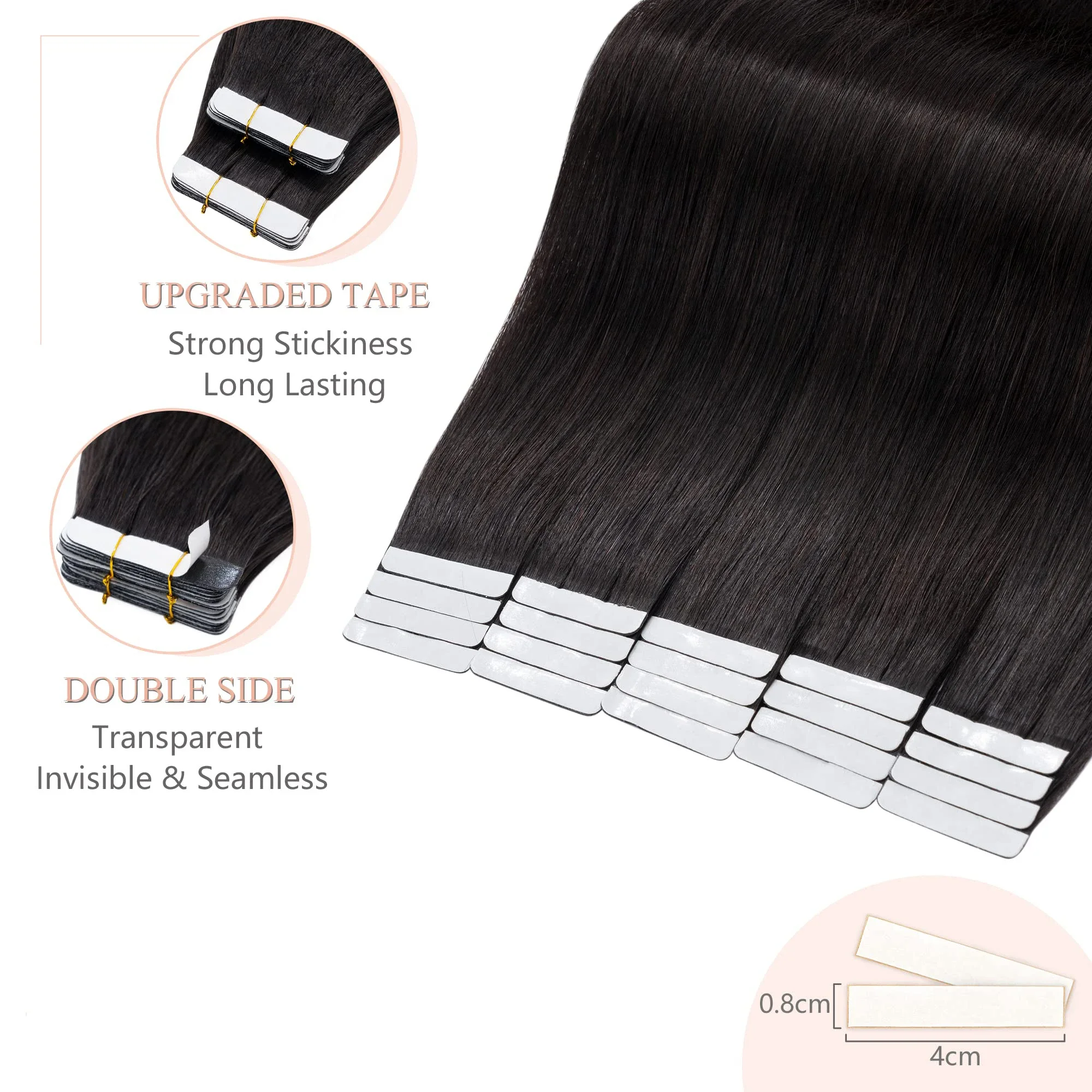 Extensões de cabelo humano adesivas preto natural remy_voghion.com