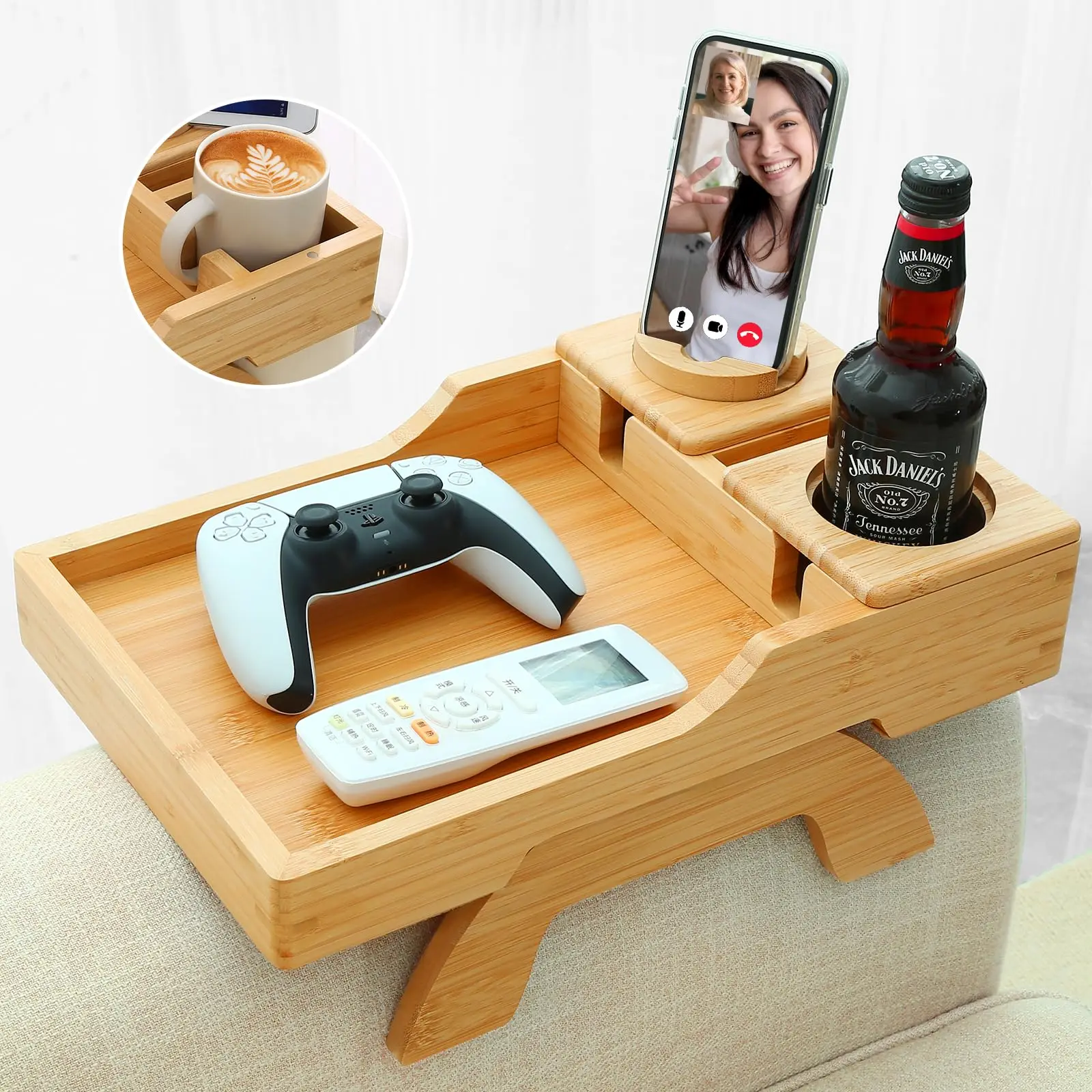 Couch Arm Tray, Multi-Function Folding Sofa Armrest Tray with 360°Rotating Phone&Pad Bracket, TV Tray for Eating and Beverage