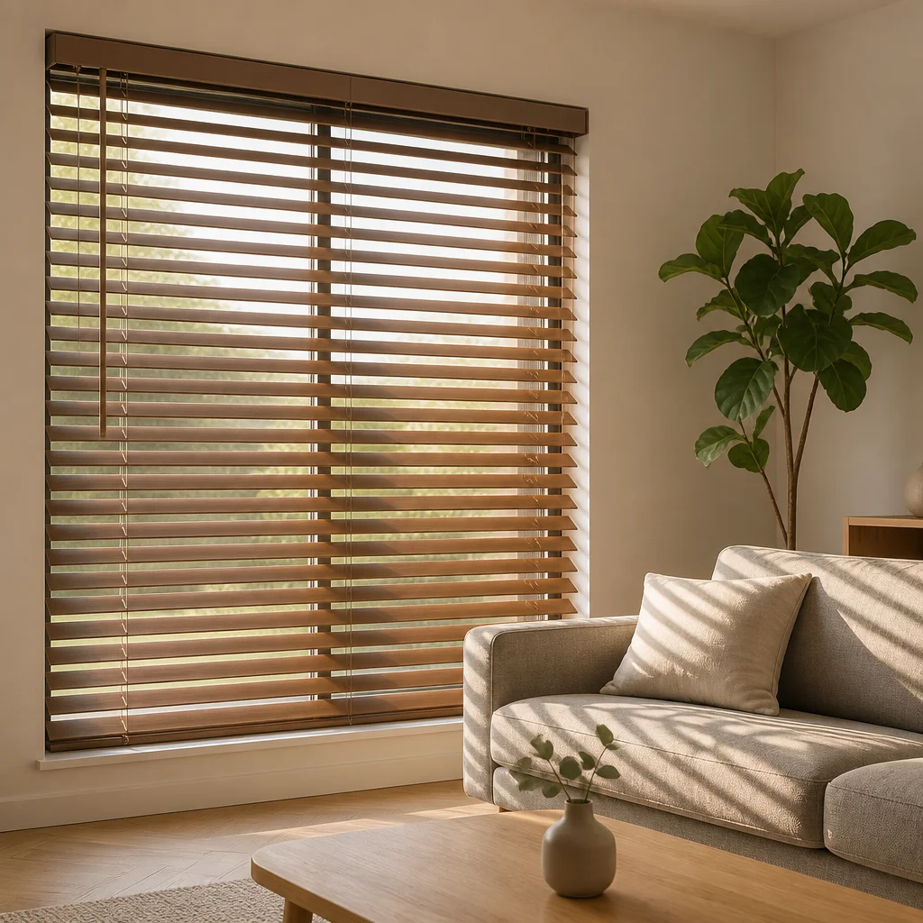 Solid Wood Built-In Horizontal Venetian Blinds 50mm Stained Walnut Slat Ladder String Tilt Wand UV Blocking Every Day Light