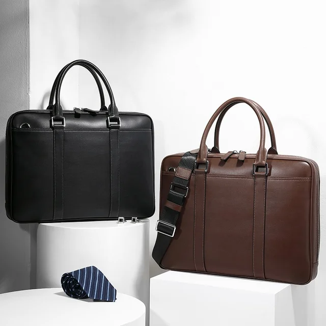 Large Capacity Genuine Cowhide Leather Men's Vintage Style Business Briefcase Soft Bag Crossbody Shoulder Strap Casual Briefcase