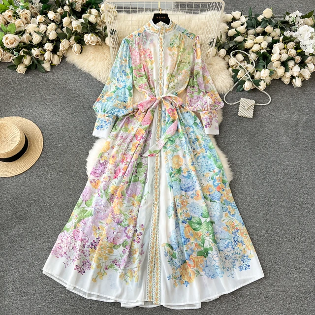 LE1903 2024 Flower Series Spring Ladies Floral Print Evening Dress Boho Holiday Stand Collar Lantern Sleeve Casual Maxi Dress
