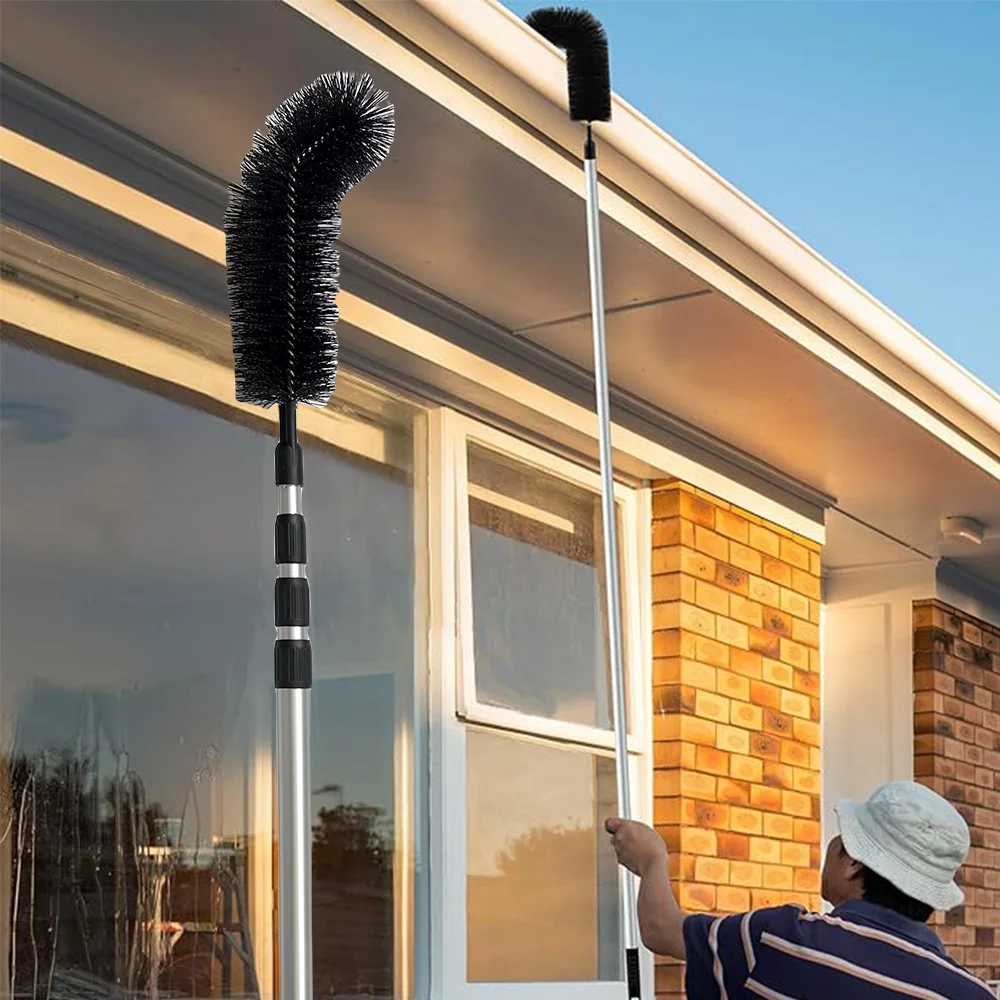 12FT Long Handle Gutter Cleaning Brush Aluminum Telescoping Pole Roofing Guard Cleaner Tool with Cobweb Duster for Ceiling