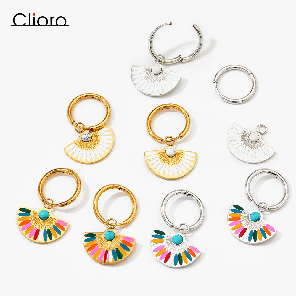 New Designer Bohemia Colorful Enamel Fan Charm Pendant  Gold Plated Stainless Steel Hoop Enamel Earrings