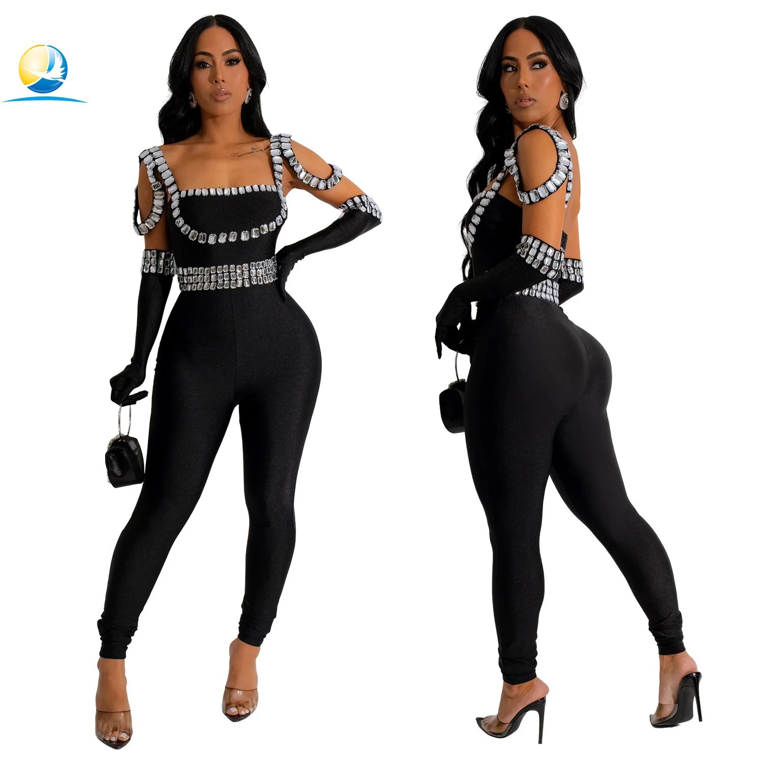 Summer Fashion Sexy Casual Rhinestone Slim Fit Halter Jumpsuit Sleeveless  Backless Sexy Party Jumpsuit
