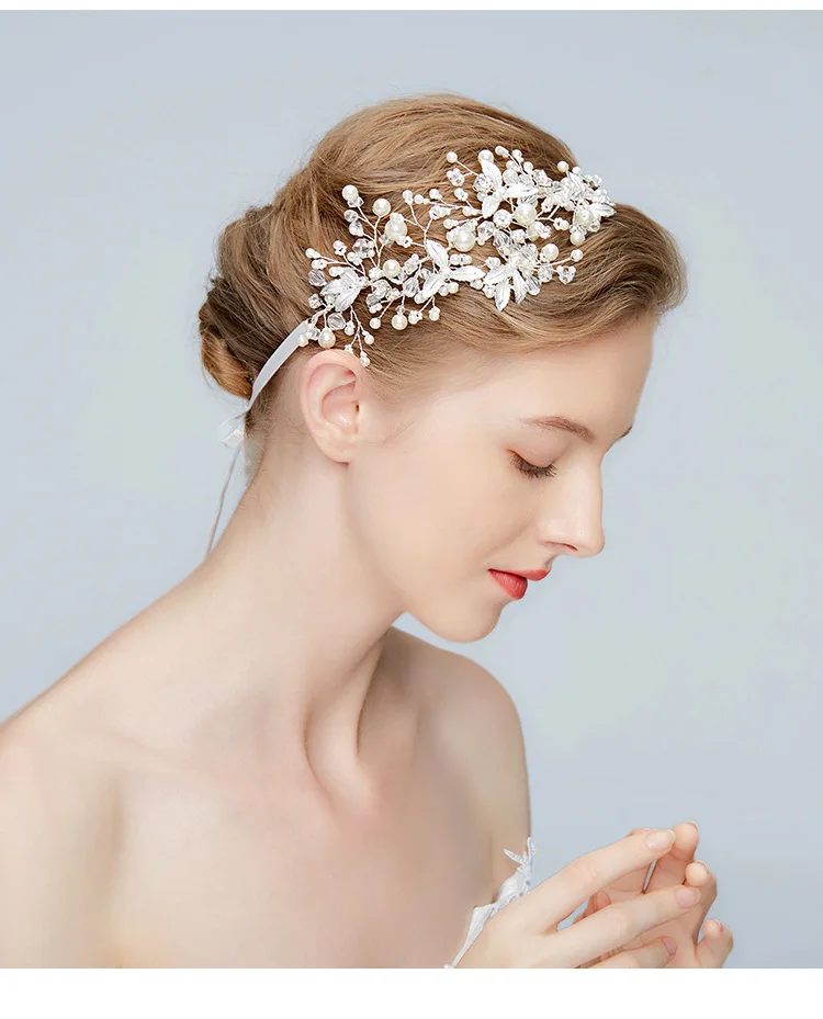 Оптовая продажа свадебные аксессуары для волос ручной работы с кристаллами серебряный головной убор принцессы жемчугом невесты