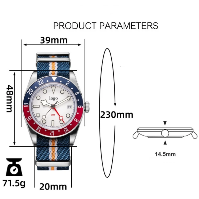 OEM Custom NH34 Automatic Mechanical Movement Men's GMT Watch 50 Meters Waterproof Dual Time Zone Calendar Outdoor Watches