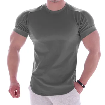 Men's Solid Color Summer Running Crew Neck T-Shirt Quick Dry Fitness Tights Elastic Shirt Workout Tops Blank Design Clothing