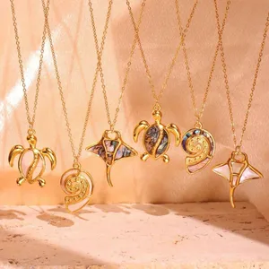 MW Wholesale Ocean Style Necklace: 18K Gold-Plated Stainless Steel, Starfish & Turtle Pendant Chain for Women