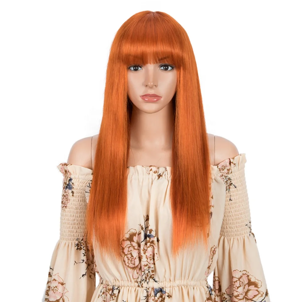 Peluca de cabello humano liso con flequillo, pelo largo Remy
