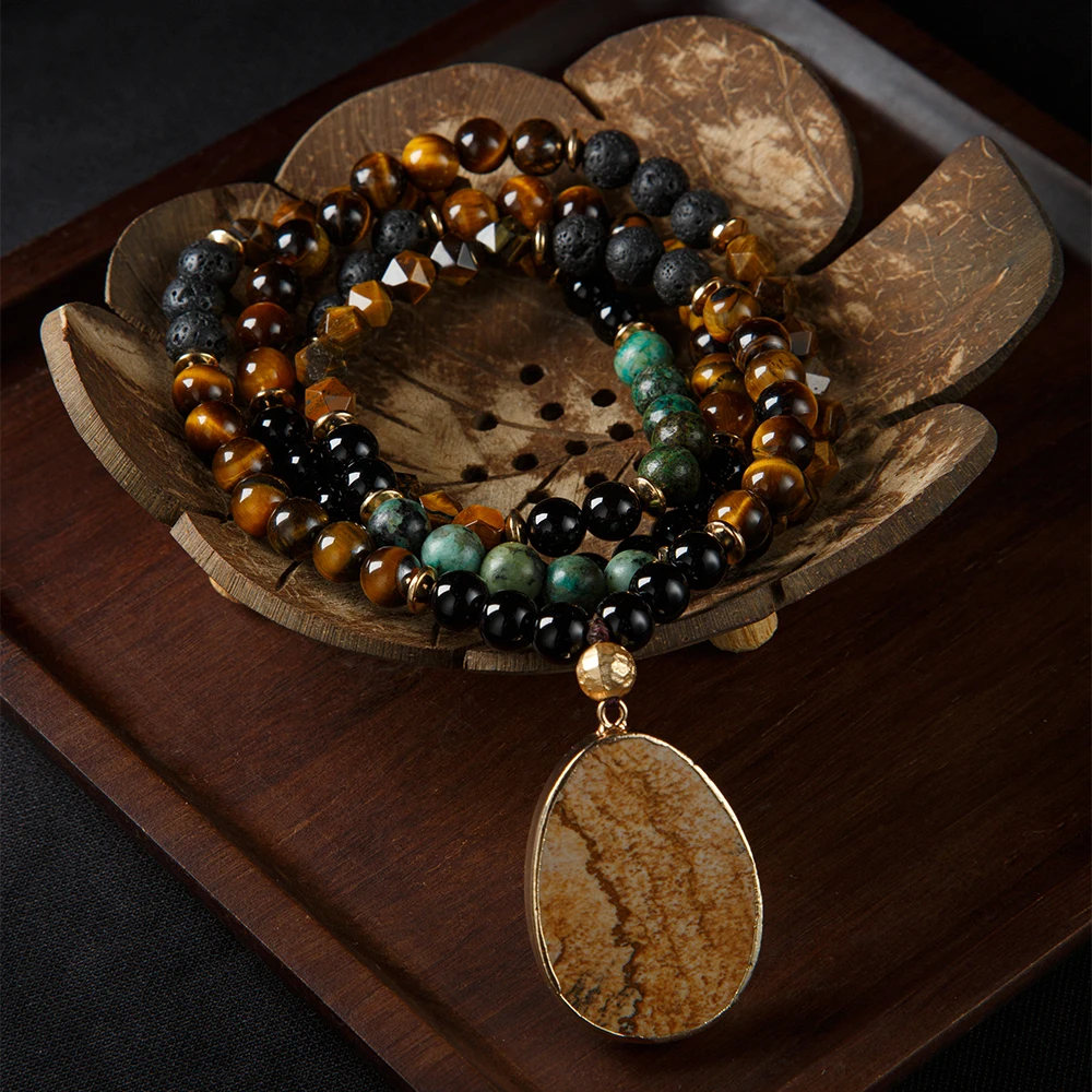108 Mala Beads Pro Necklace Semi-Precious Gem Stones Meditation Necklace 108 Hand Knotted Japa Mala Beaded Tassel Necklace Tree Life Pendant G361