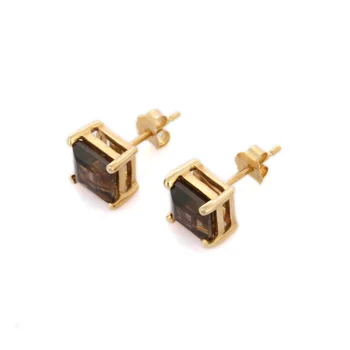 New fashionable Natural Smoky Topaz Octagon Shape Solid 14K Yellow Gold Studs Earring